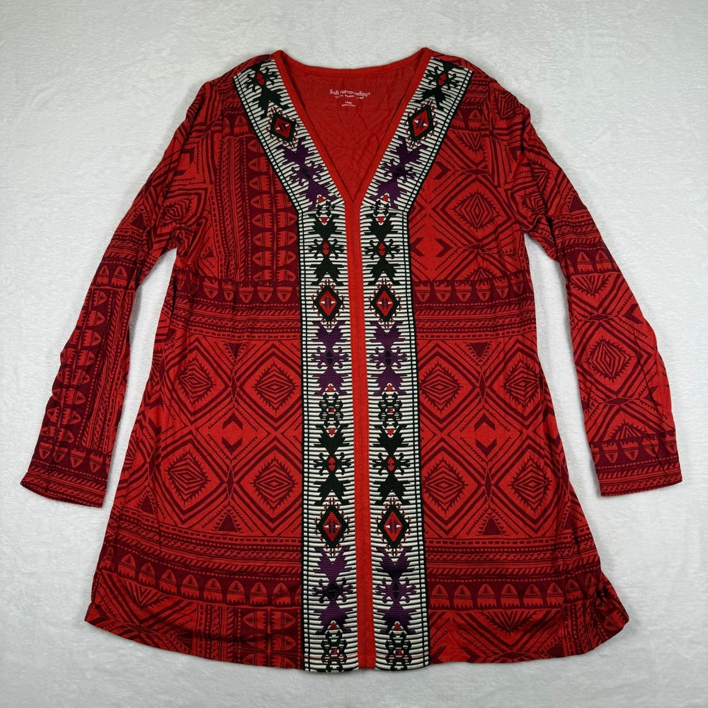Soft Surroundings Red Geometric Tribal Print V-Neck Tunic Top 2BU47 Womens Large
